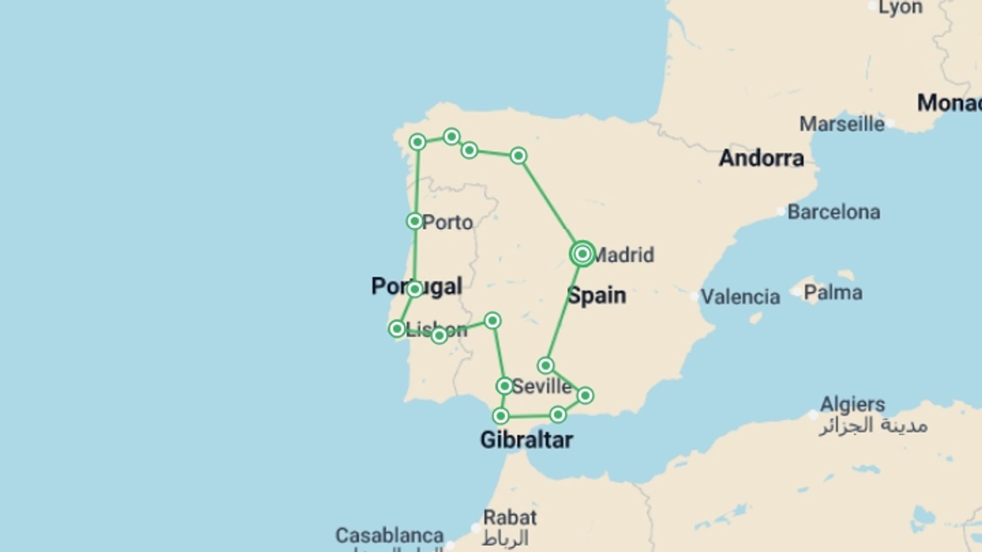 A map showing the tour itinerary for the trip: Ultimate Andalusia and Portugal, starting in Madrid, Spain and ending in Madrid, Spain going through 2 other destinations.
