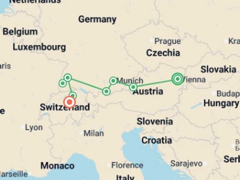Map of Europe Tour with 5 destination visits for the trip: Exploring the Alpine Countries Austria - Germany - Switzerland