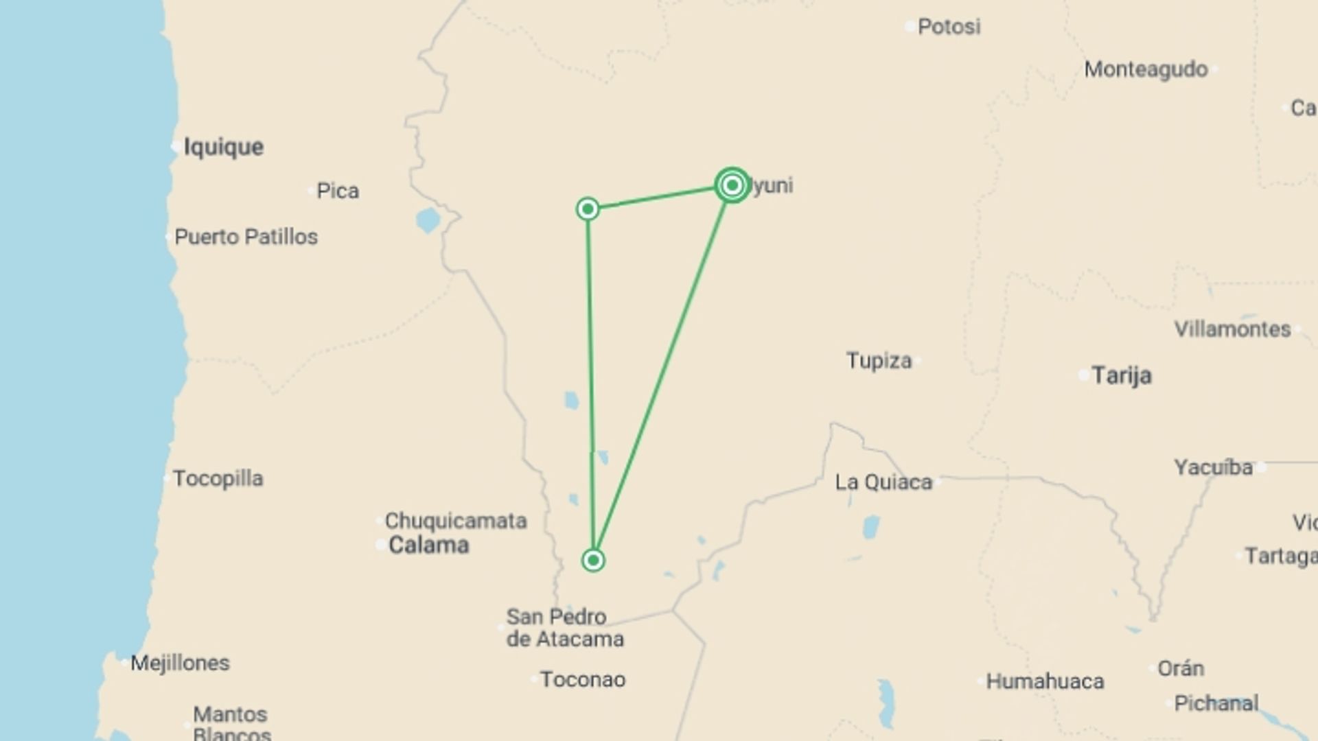 A map showing the tour itinerary for the trip: Uyuni Salt Flats & Desert Adventure 3D/2N (Uyuni to Uyuni), starting in Uyuni, Bolivia and ending in Uyuni, Bolivia going through 2 other destinations.