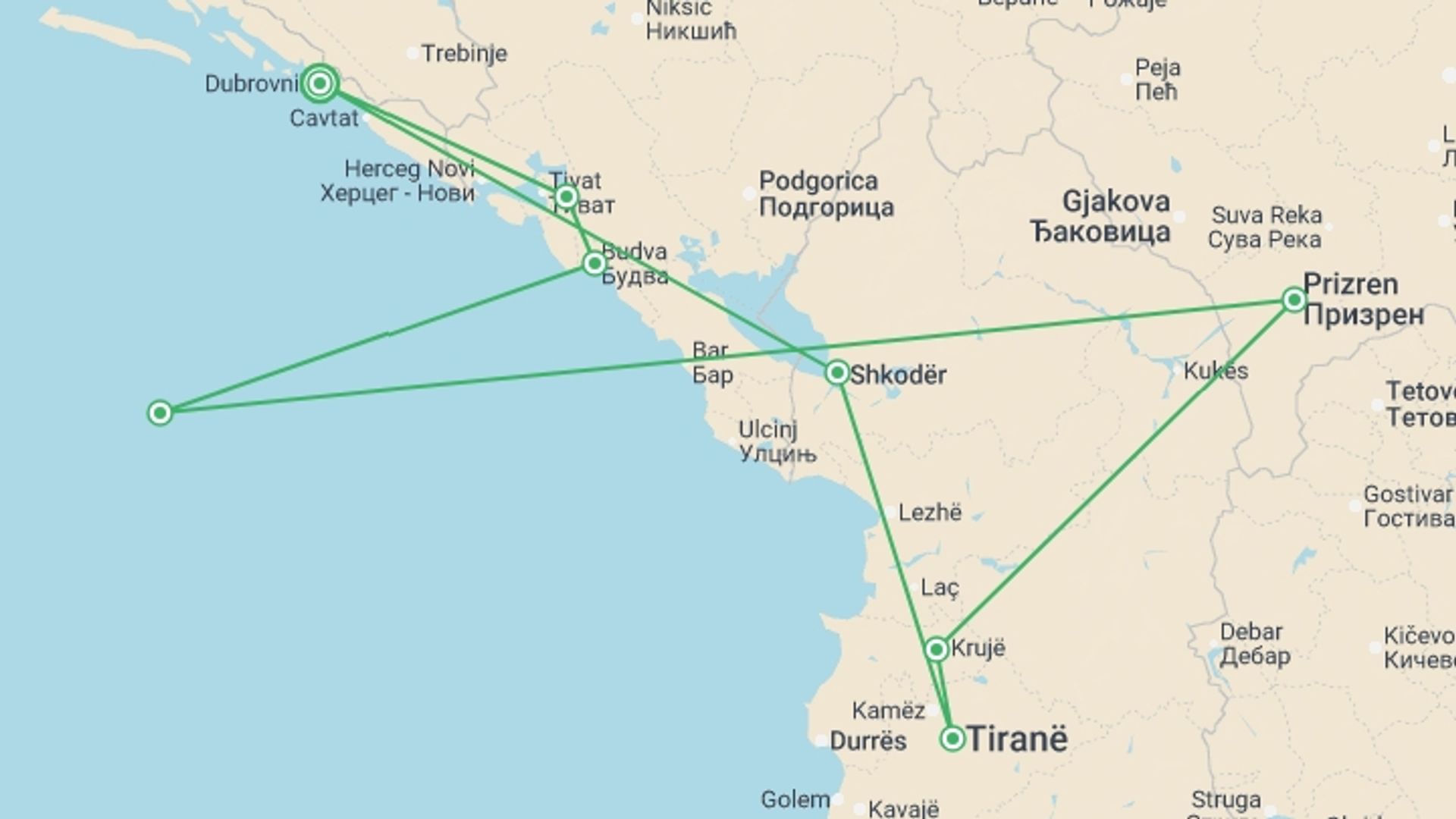 A map showing the tour itinerary for the trip: Dubrovnik to Montenegro, Kosovo & Albania - 5 days, starting in Dubrovnik, Croatia and ending in Dubrovnik, Croatia going through 4 other destinations.