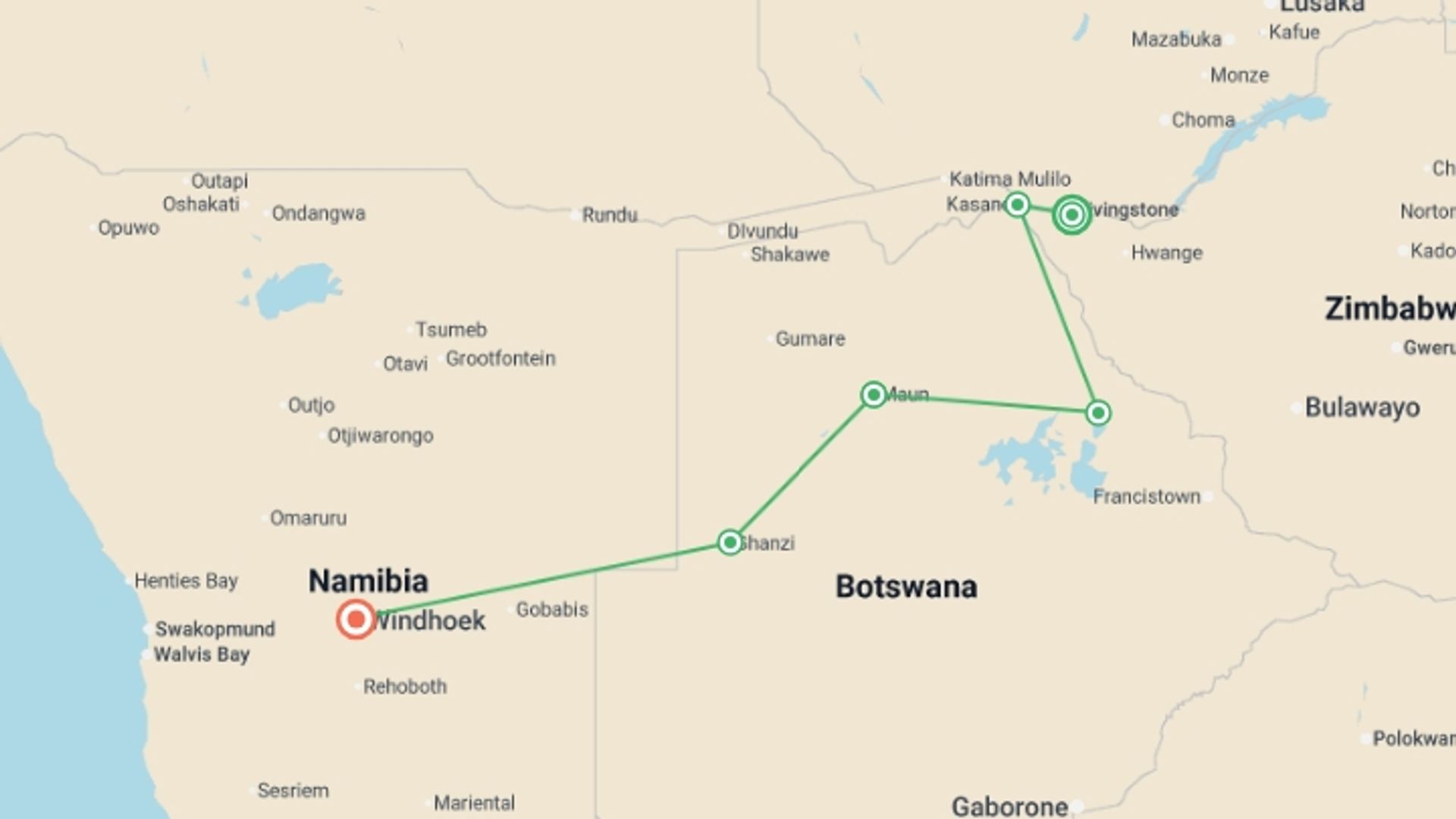 A map showing the tour itinerary for the trip: Delta & Falls Discoverer, starting in Victoria Falls, Zimbabwe and ending in Windhoek, Namibia going through 5 other destinations.