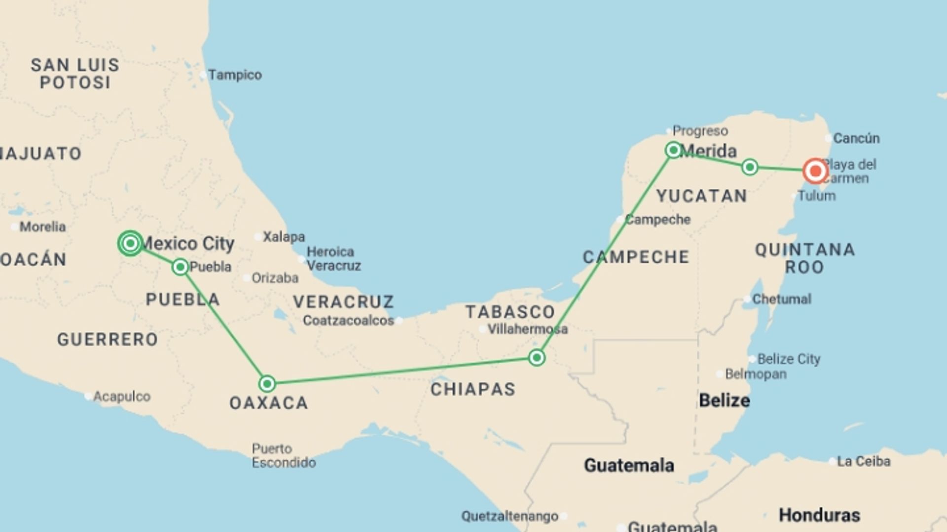 A map showing the tour itinerary for the trip: Classic Mexico Adventure, starting in Mexico City, Mexico and ending in Playa Del Carmen, Mexico going through 5 other destinations.