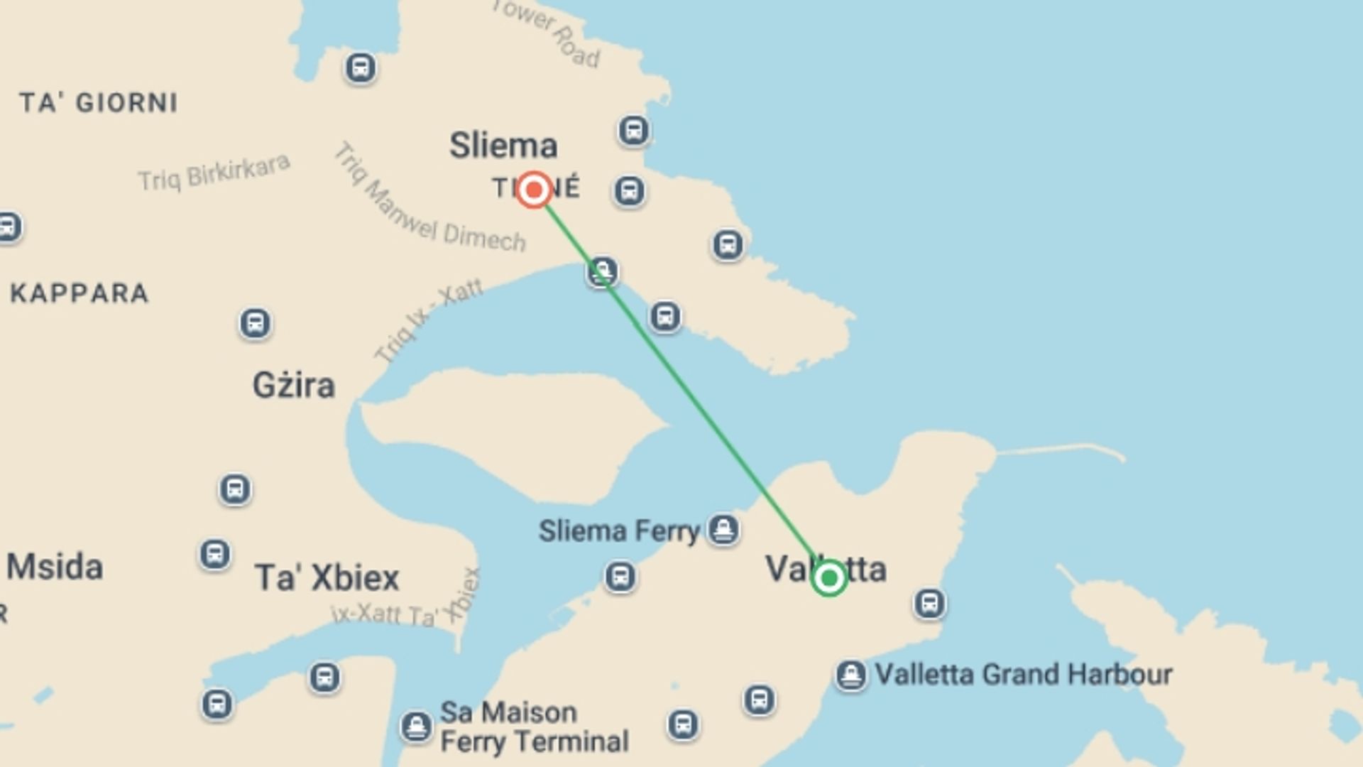 A map showing the tour itinerary for the trip: Easy Pace Malta, starting in Valletta, Malta and ending in Sliema, Malta going through 0 other destinations.