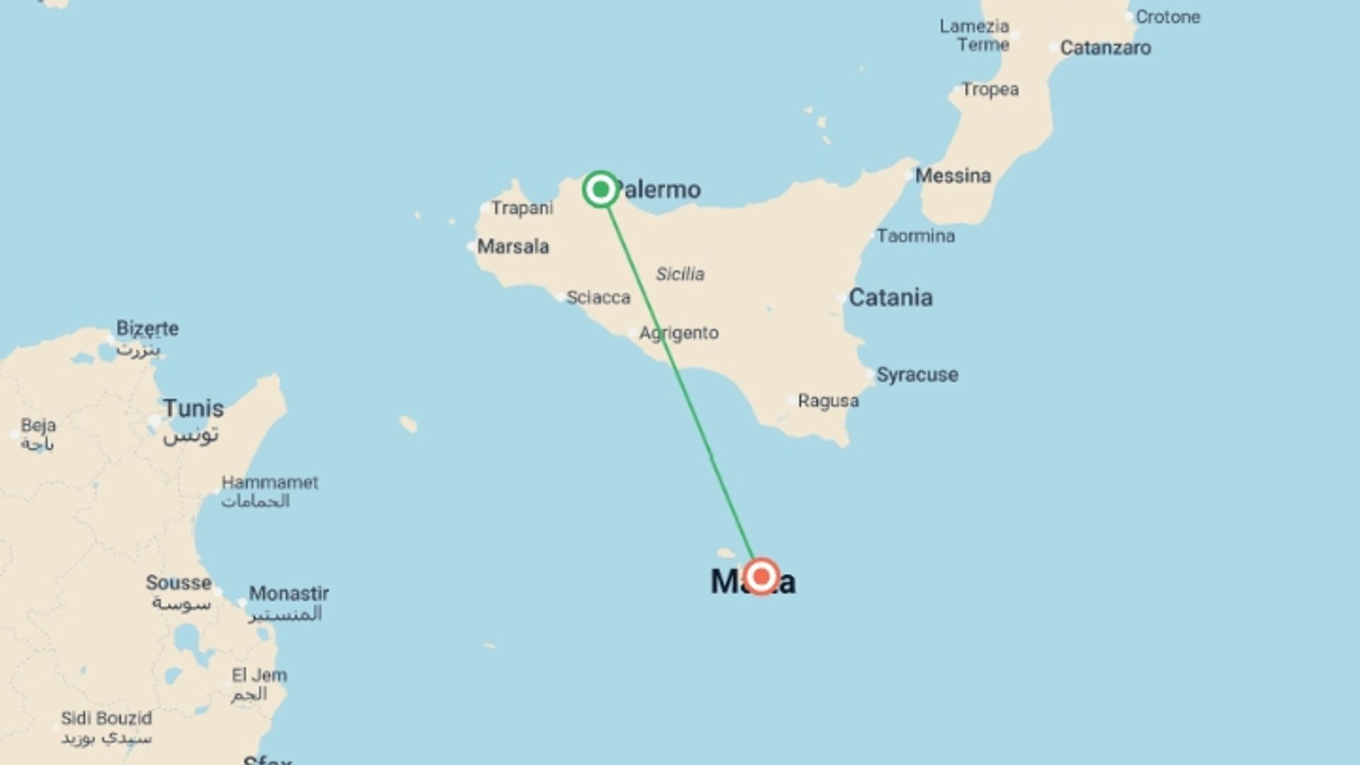 A map showing the tour itinerary for the trip: Sicily in Depth, starting in Palermo, Italy and ending in Sliema, Malta going through 1 other destinations.