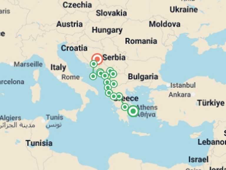 Map itinerary of Sarajevo Tour in December 2026 with 11 destination visits for the trip: Greece & the Balkans - 14 days
