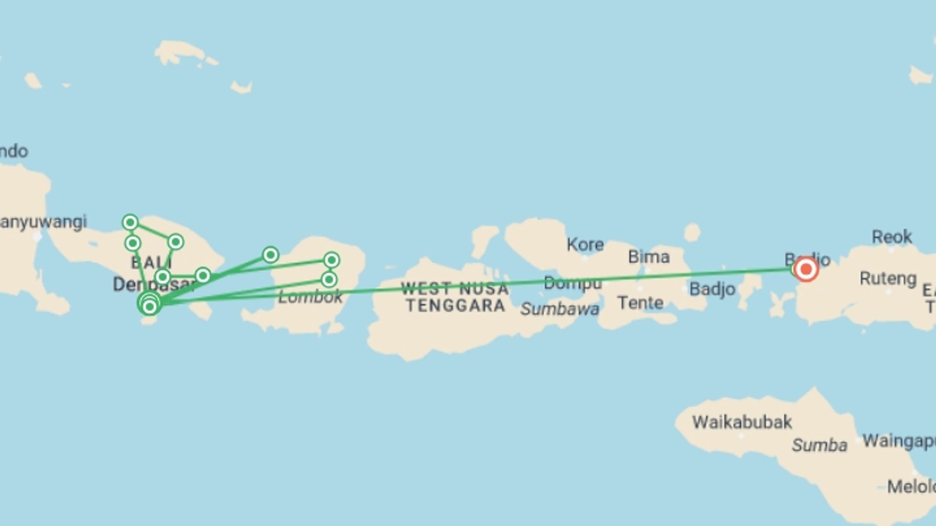 A map showing the tour itinerary for the trip: Indonesia: Bali, Komodo & Lombok, starting in Seminyak , Indonesia and ending in Labuan Bajo, Indonesia going through 11 other destinations.