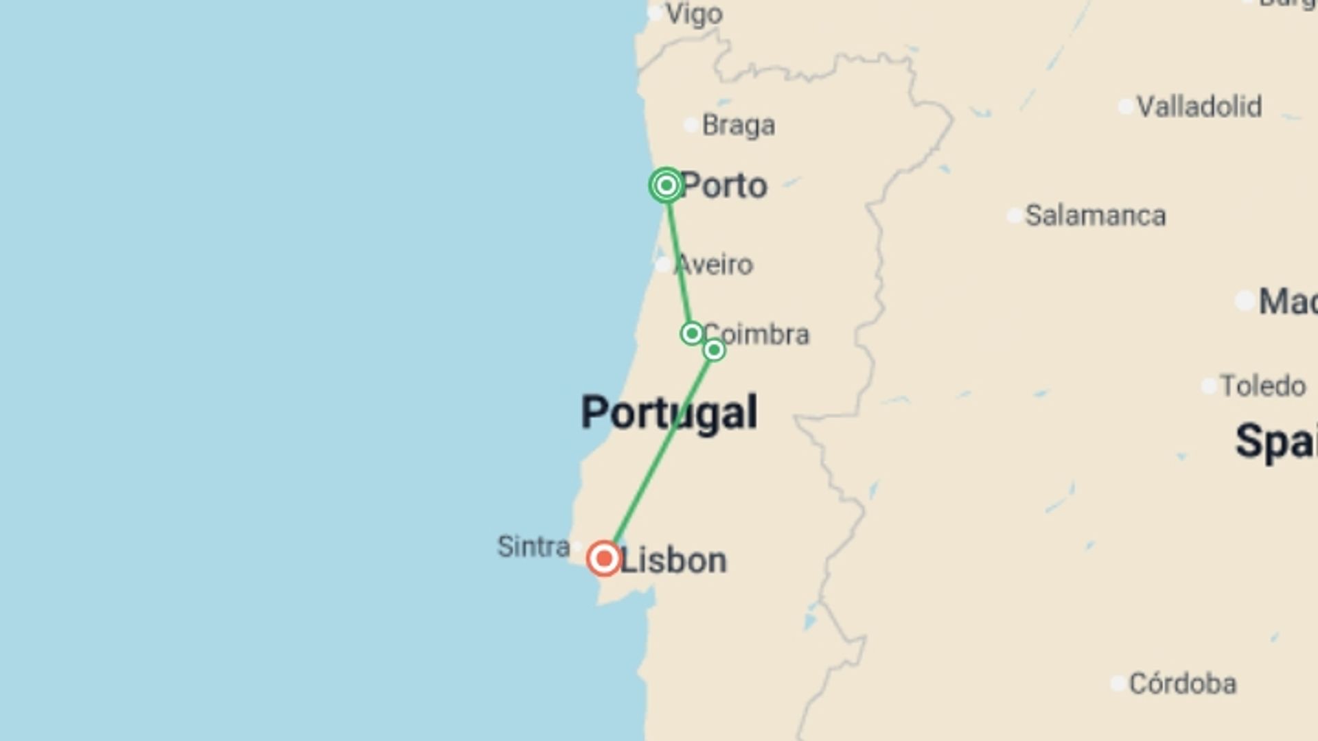 A map showing the tour itinerary for the trip: Highlights of Portugal, starting in Porto, Portugal and ending in Lisbon, Portugal going through 2 other destinations.