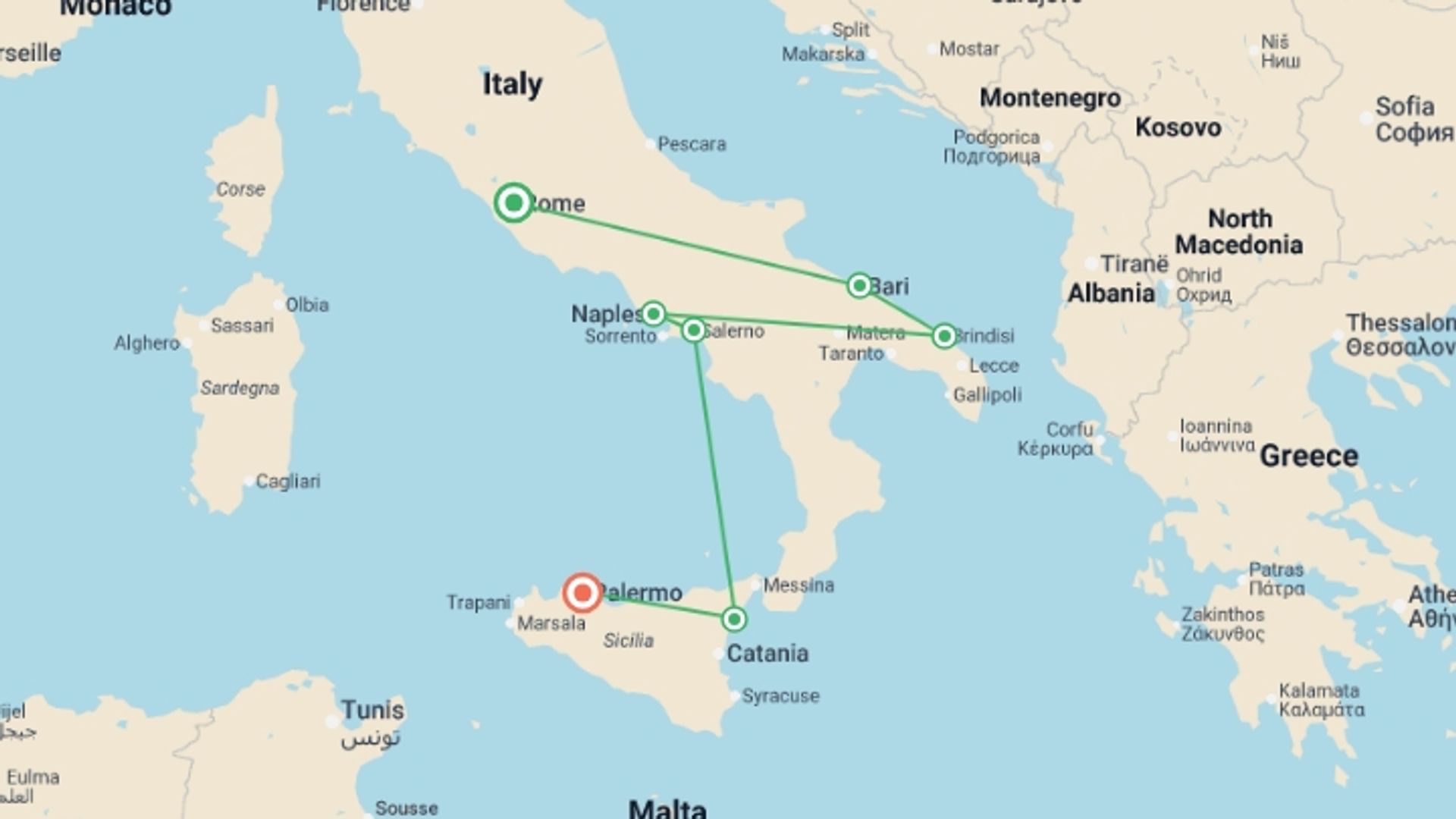 A map showing the tour itinerary for the trip: Beautiful of Puglia, Campania and Sicily, starting in Rome, Italy and ending in Palermo, Italy going through 5 other destinations.