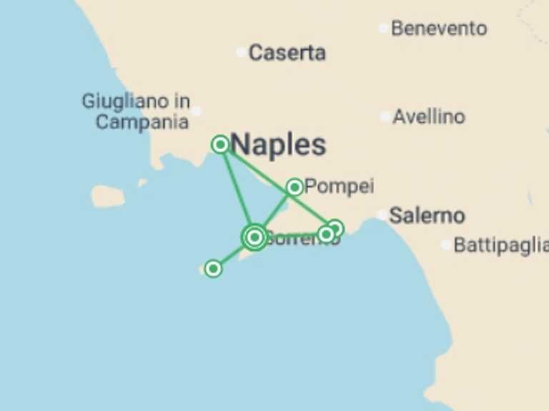 Map itinerary of Italy Tour in June 2026 with 3 destination visits for the trip: Campania Region Highlights, Private Tour