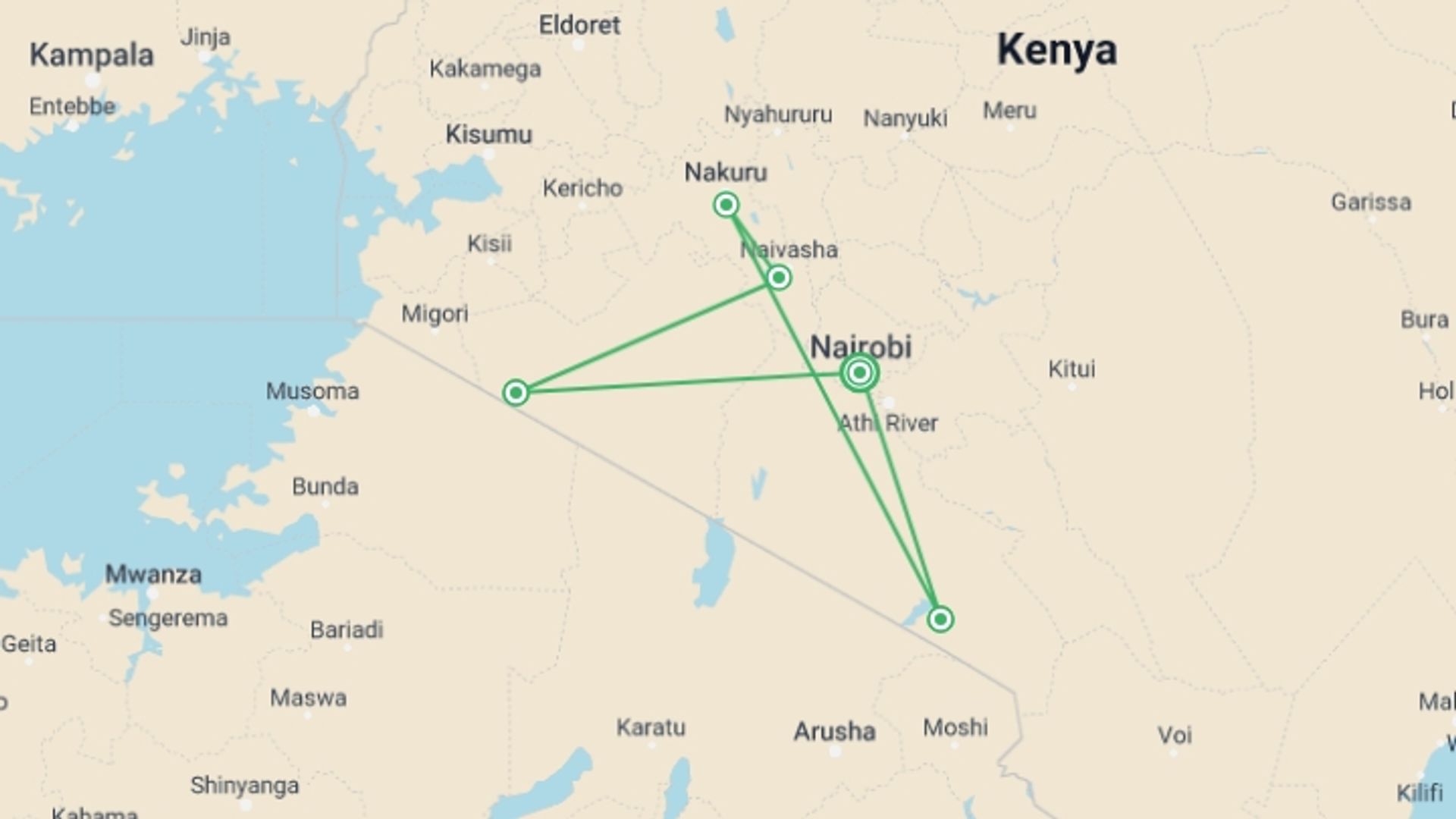 A map showing the tour itinerary for the trip: 7-day Kenya Budget Safari , starting in Nairobi, Kenya and ending in Nairobi, Kenya going through 4 other destinations.