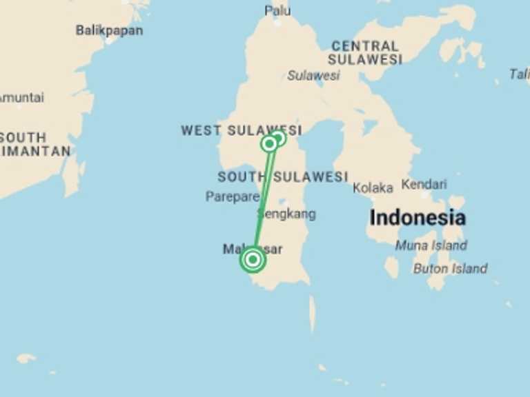 Map of Indonesia Tour with 4 destination visits for the trip: 4D Toraja Highland Tour