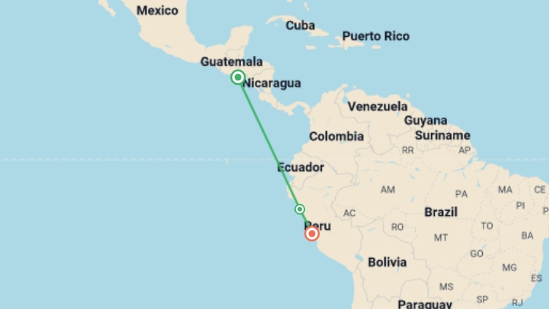A map showing the tour itinerary for the trip: 4-Day Classic Trujillo Tour Package, starting in La Libertad, El Salvador and ending in Lima, Peru going through 2 other destinations.