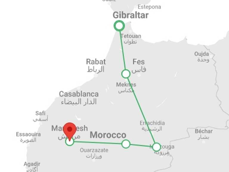 Map of Mediterranean Tour with 9 destination visits for the trip: Moroccan Cities: Tangier to Marrakech (7 Days)