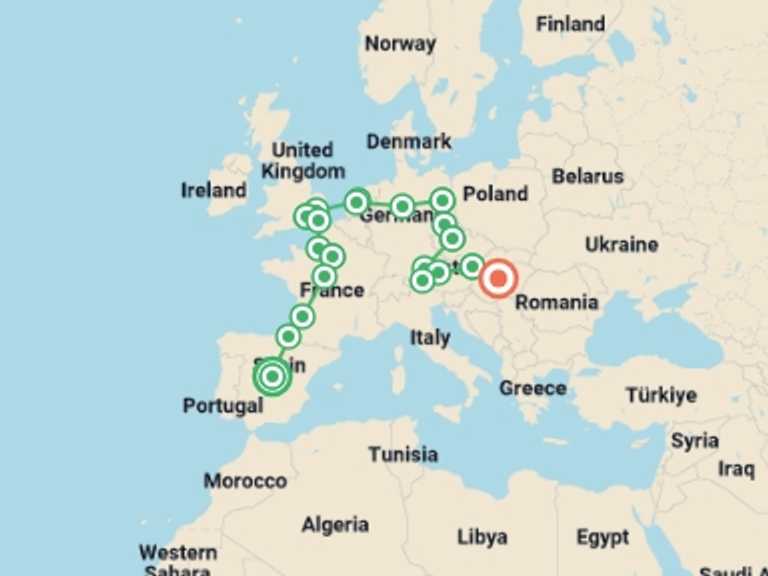 Map itinerary of London Tour in September 2025 with 13 destination visits for the trip: Great European Route, Ending in Budapest