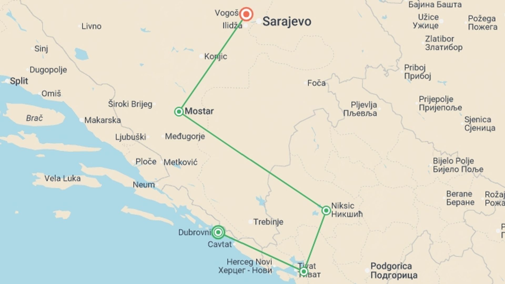 A map showing the tour itinerary for the trip: Cycle the Balkans, starting in Dubrovnik, Croatia and ending in Sarajevo, Bosnia Herzegovina going through 3 other destinations.