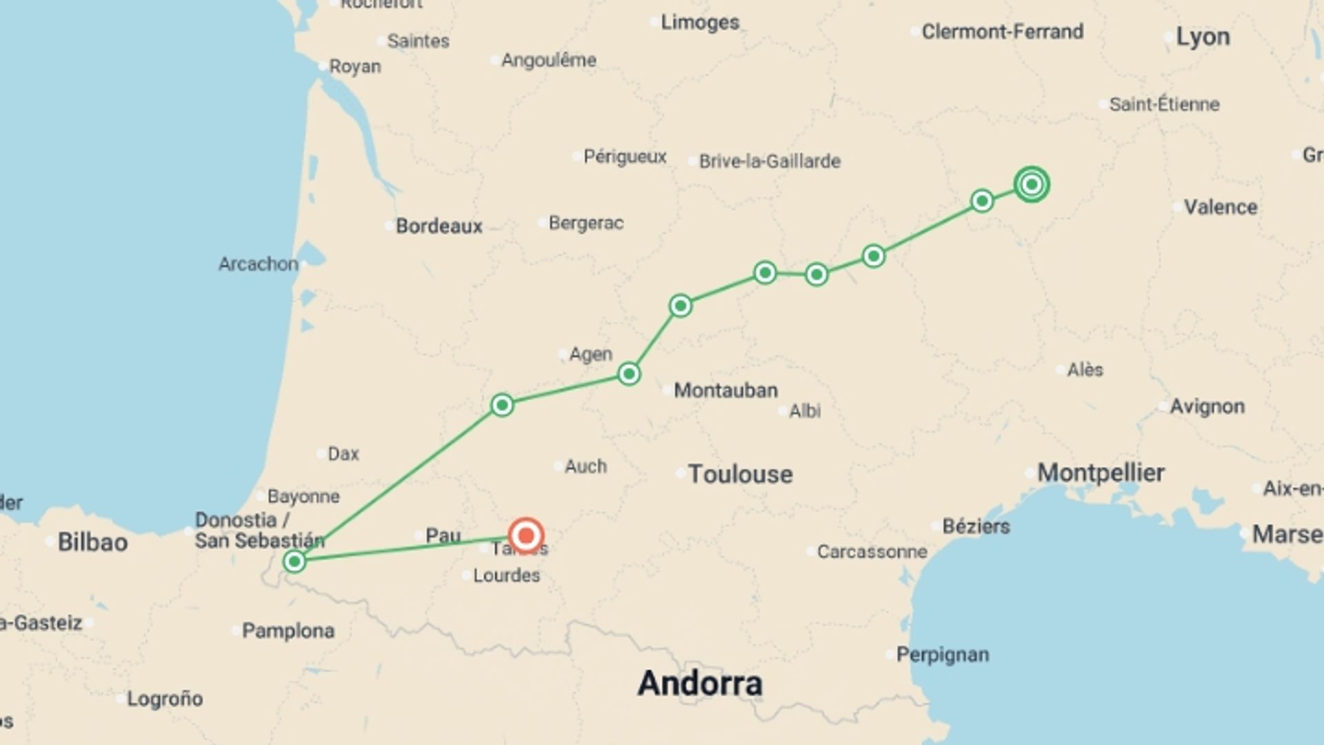 A map showing the tour itinerary for the trip: French Food Lover's Le Puy Camino, starting in Le Puy-en-Velay, France and ending in Pau , France going through 11 other destinations.