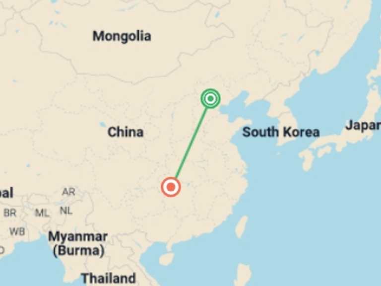 Map itinerary of China Tour in September 2026 with 2 destination visits for the trip: Seven-Day Private Tour to Beijing and Zhangjiajie