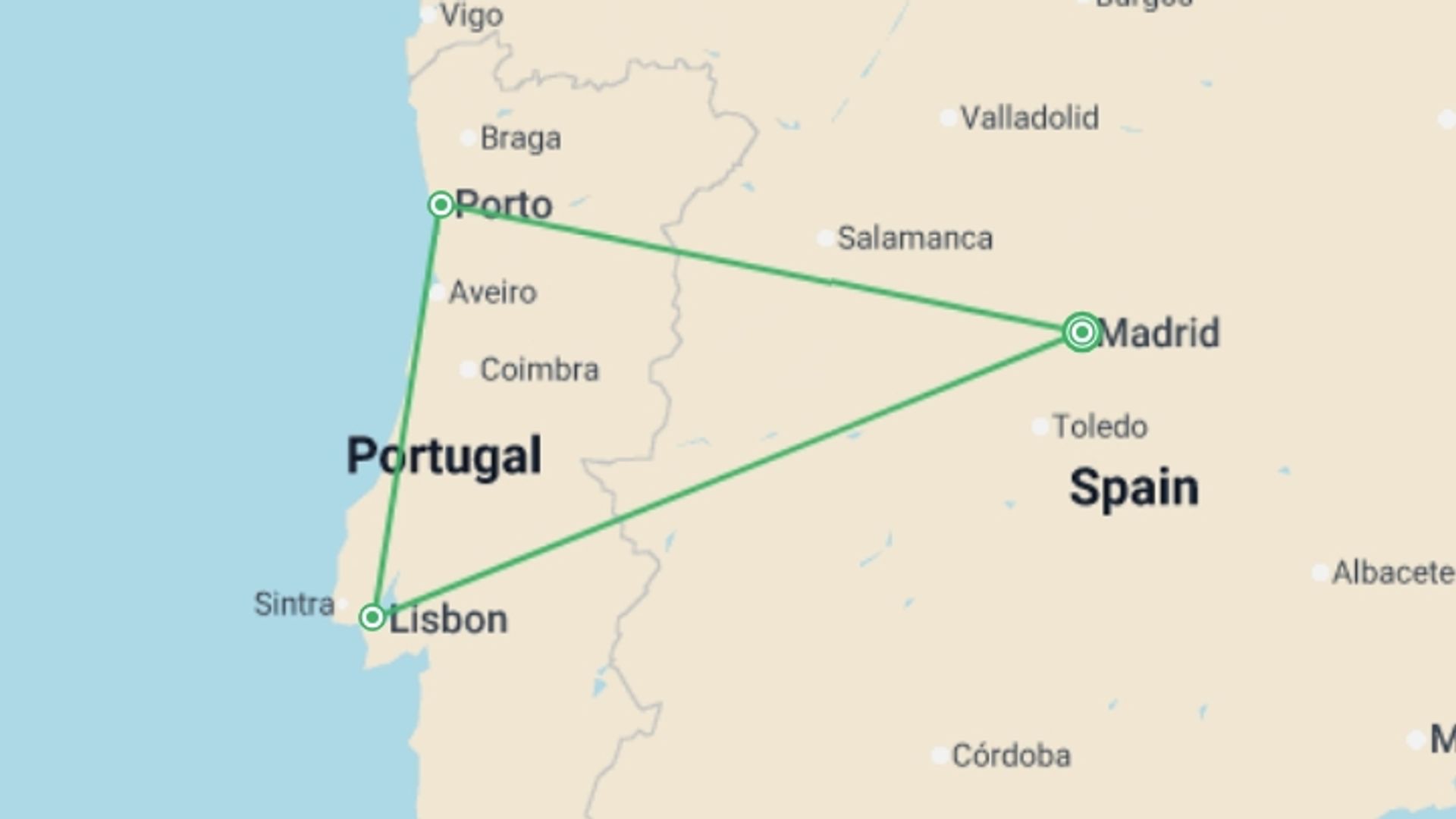 A map showing the tour itinerary for the trip: Portugal Express From Madrid - 5 days, starting in Madrid, Spain and ending in Madrid, Spain going through 2 other destinations.