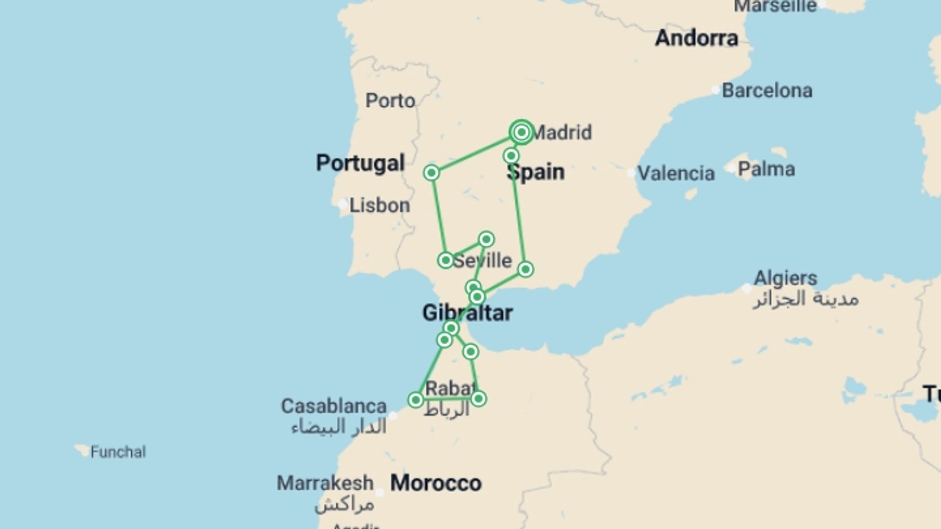 A map showing the tour itinerary for the trip: Seville to the Souks - 10 days, starting in Madrid, Spain and ending in Madrid, Spain going through 7 other destinations.