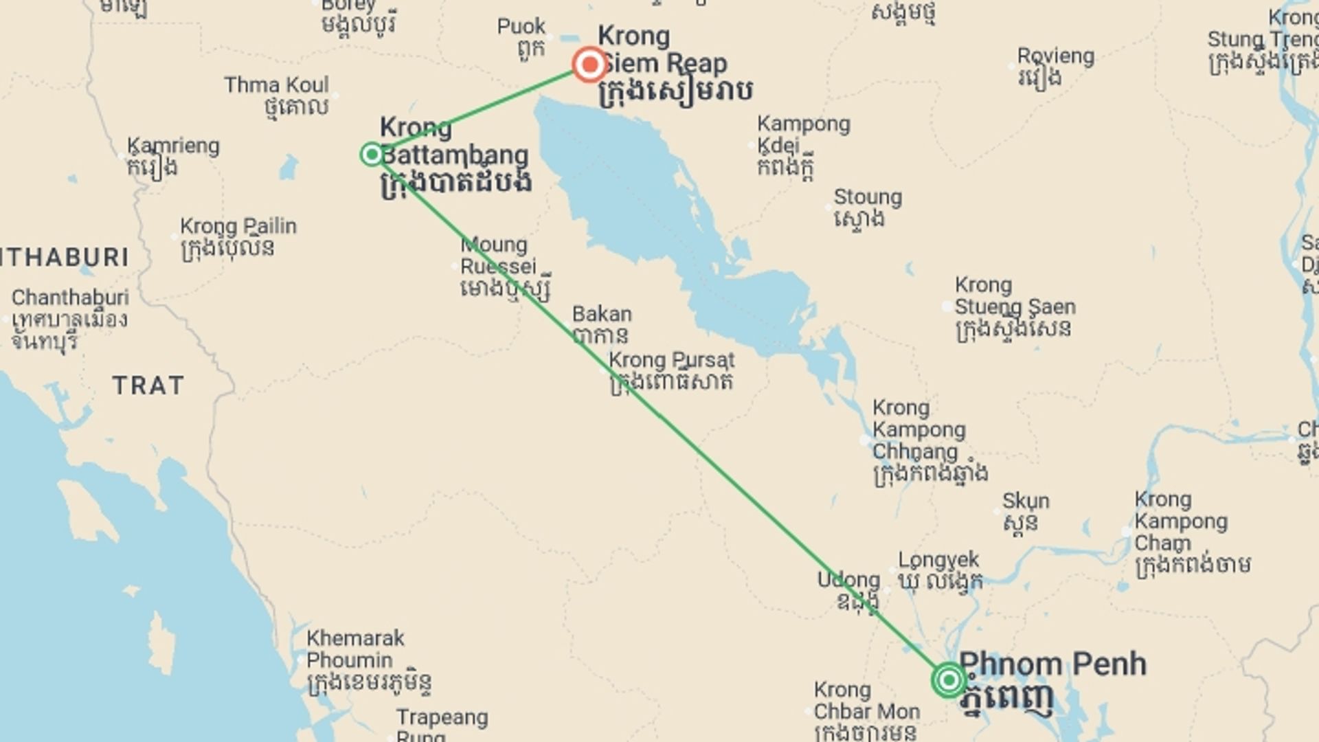 A map showing the tour itinerary for the trip: Cambodia Family Holiday, starting in Phnom Penh, Cambodia and ending in Siem Reap, Cambodia going through 1 other destinations.