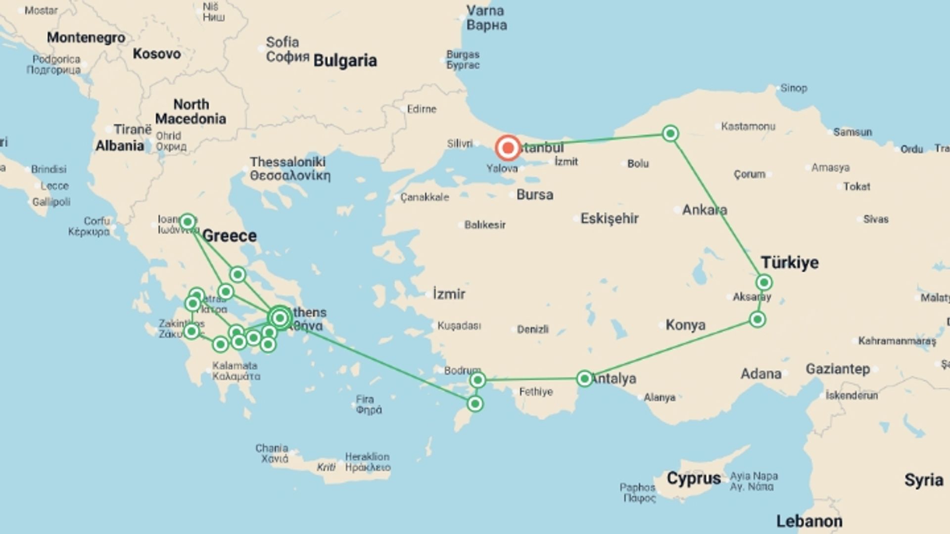 A map showing the tour itinerary for the trip: Complete Greece and Amazing Turkey, starting in Athens, Greece and ending in Istanbul, Turkey going through 9 other destinations.