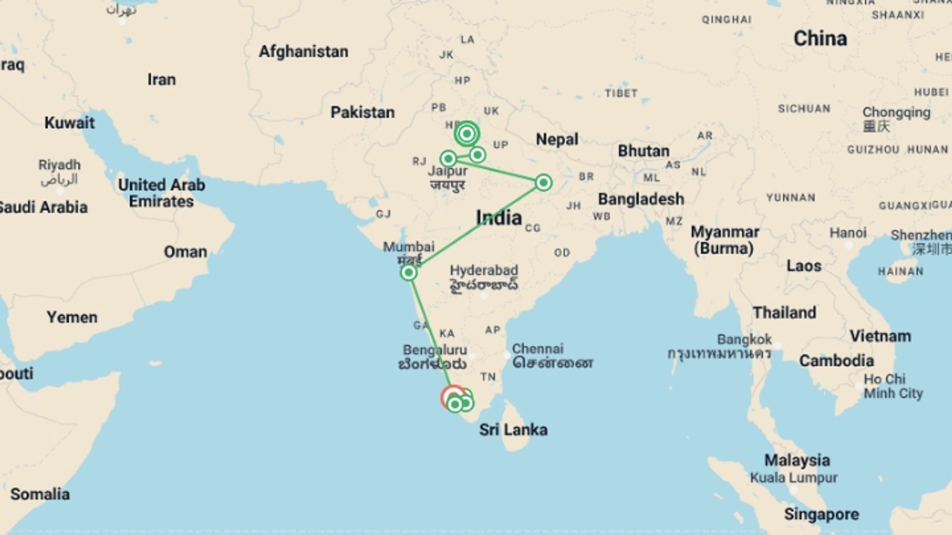 A map showing the tour itinerary for the trip: North India with Mumbai & Kerala, starting in New Delhi, India and ending in Kochi, India going through 10 other destinations.