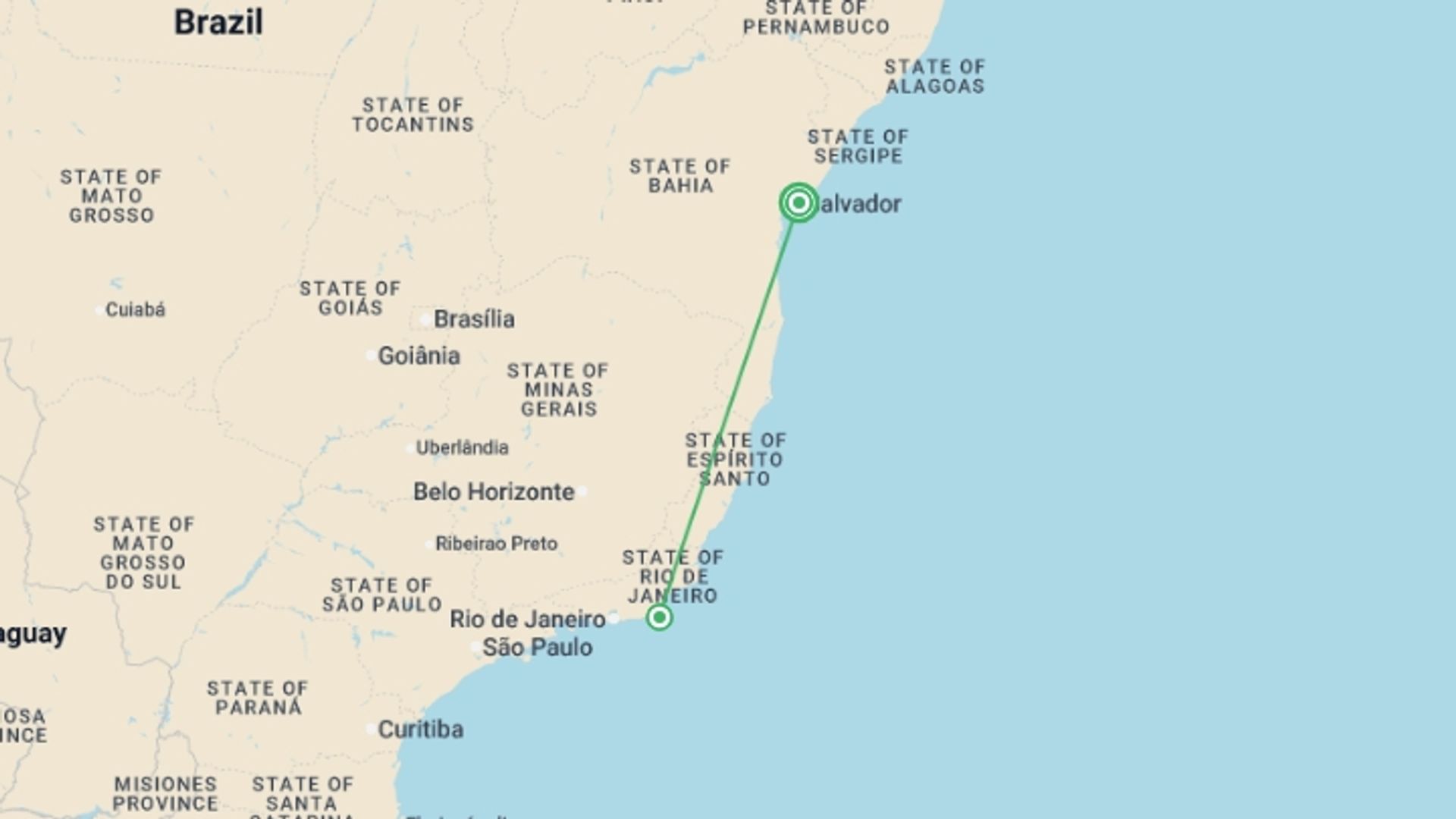 A map showing the tour itinerary for the trip: Salvador, Bahia & Beach - 6 days, starting in Salvador, Brazil and ending in Salvador, Brazil going through 1 other destinations.