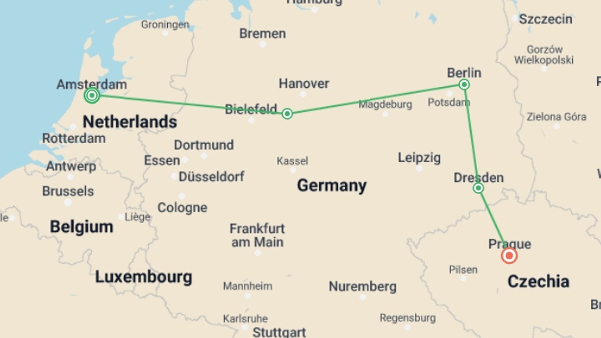 A map showing the tour itinerary for the trip: Amsterdam, Berlin and Prague, starting in Amsterdam, Holland and ending in Prague, Czech Republic going through 1 other destinations.