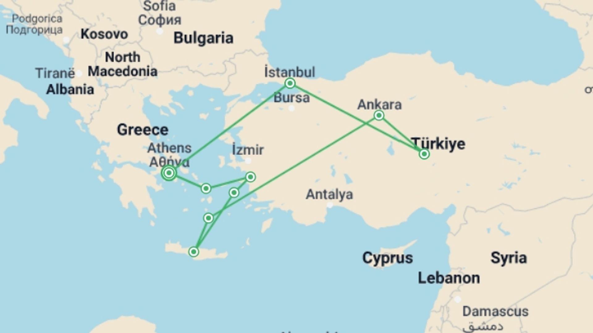 A map showing the tour itinerary for the trip: Classical Greece And Turkey With 2-day Cruise, starting in Athens, Greece and ending in Athens, Greece going through 6 other destinations.