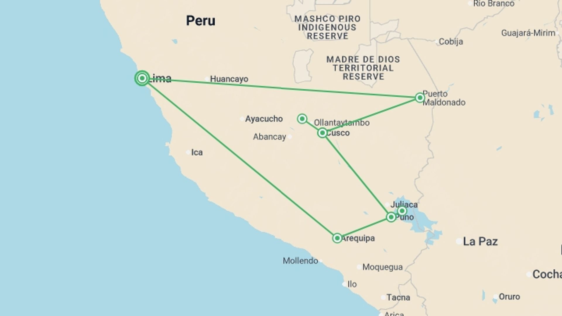A map showing the tour itinerary for the trip: Peru, Canyon & Jungle - 17 days, starting in Lima, Peru and ending in Lima, Peru going through 4 other destinations.