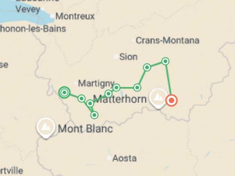Map itinerary of Mediterranean Tour in July 2026 with 10 destination visits for the trip: Chamonix to Zermatt Guided Hike