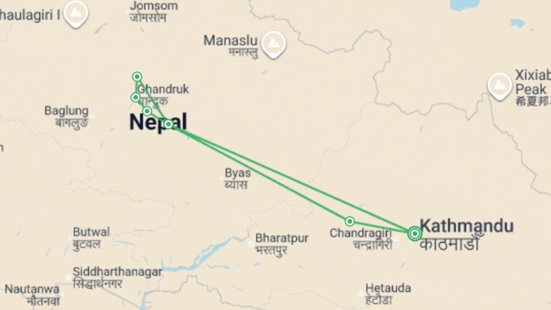 A map showing the tour itinerary for the trip: Essential Nepal, starting in Kathmandu, Nepal and ending in Kathmandu, Nepal going through 5 other destinations.
