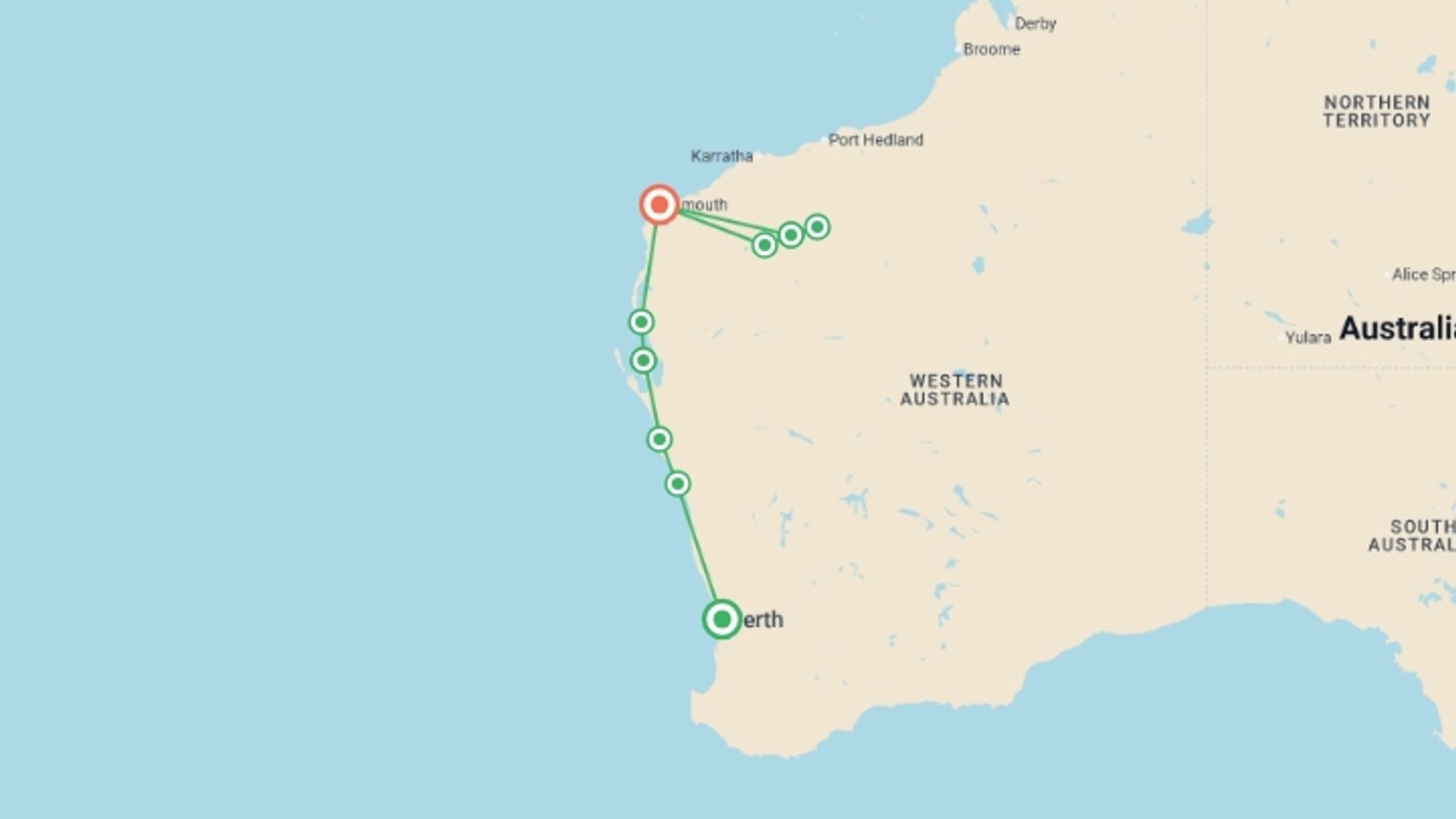 A map showing the tour itinerary for the trip: West Coast & Karijini National Park - 13 days, starting in undefined, Australia and ending in Exmouth, Australia going through 3 other destinations.