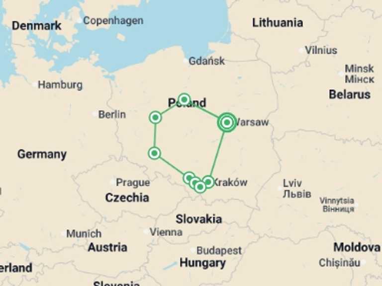 Map of Krakow Explorer Tour with 4 destination visits for the trip: Heart of Poland