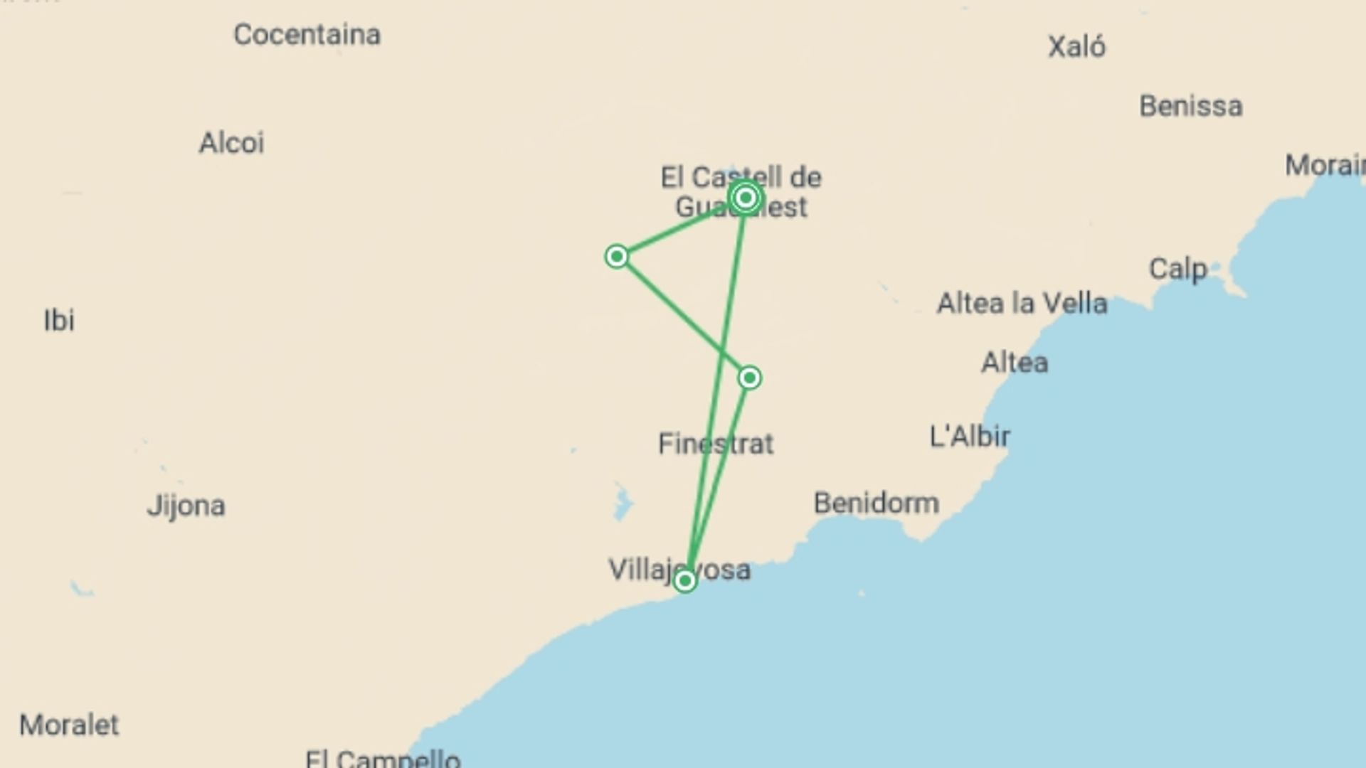 A map showing the tour itinerary for the trip: Sierra de Aitana Trek, starting in Guadalest, Spain and ending in Guadalest, Spain going through 6 other destinations.