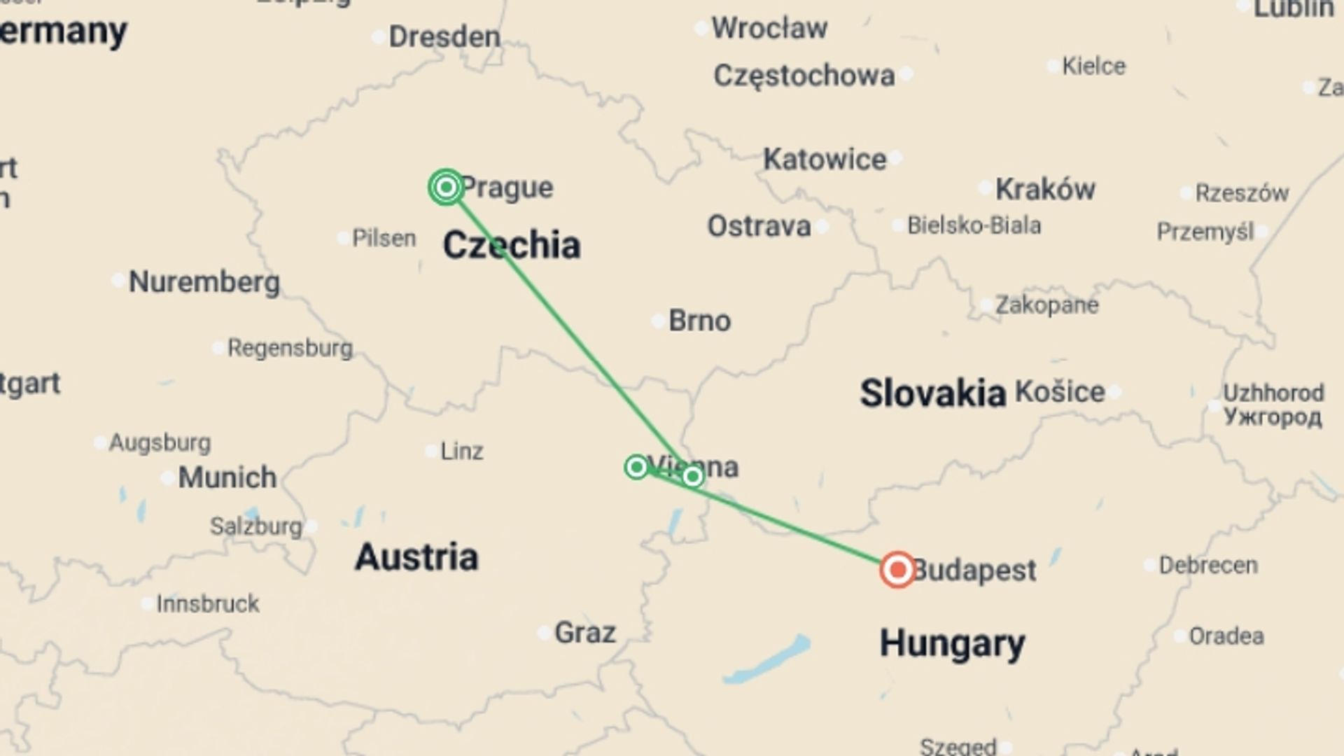 A map showing the tour itinerary for the trip: Prague, Vienna and Budapest, starting in Prague, Czech Republic and ending in Budapest, Hungary going through 1 other destinations.