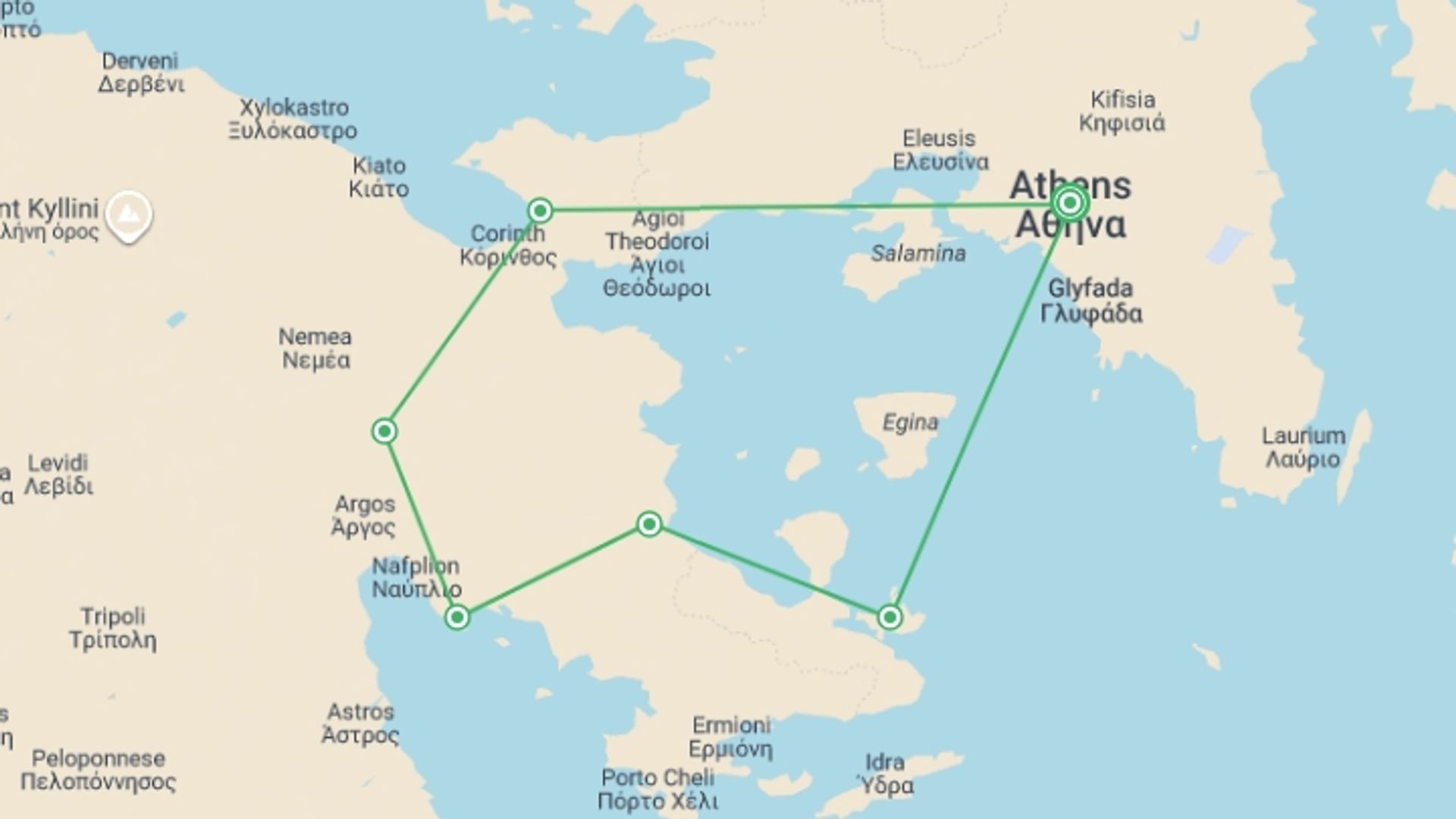 A map showing the tour itinerary for the trip: Cycling in Greece, starting in Athens, Greece and ending in Athens, Greece going through 5 other destinations.