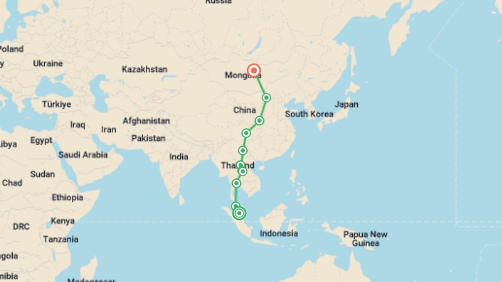 A map showing the tour itinerary for the trip: Trans Mongolian Railway Adventure , starting in Kuala Lumpur, Malaysia and ending in Ulaanbaatar, Mongolia going through 10 other destinations.