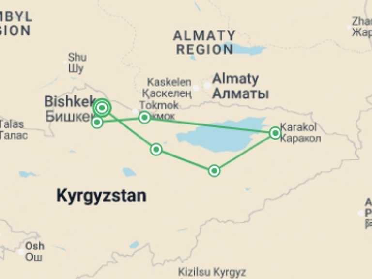 Map of Asia Tour with 7 destination visits for the trip: Walking in Kyrgyzstan