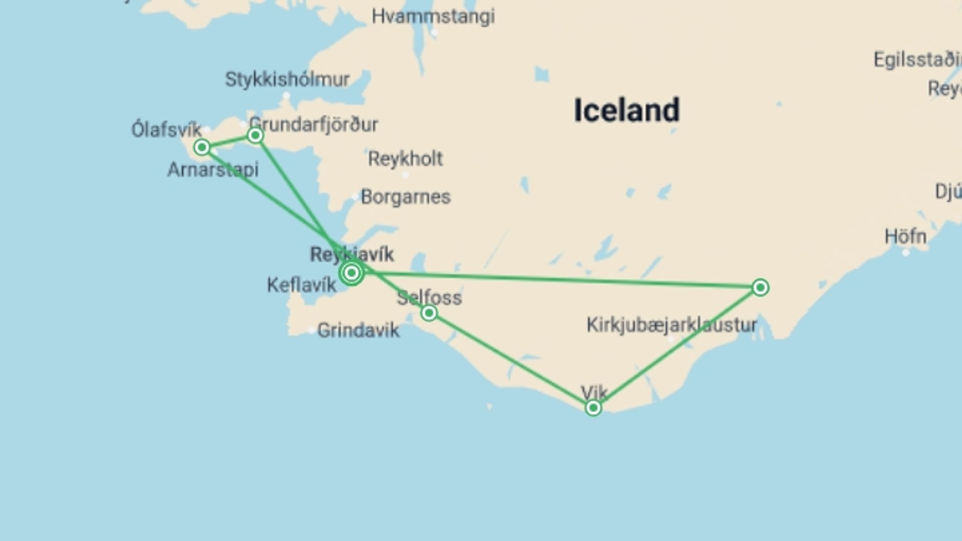 A map showing the tour itinerary for the trip: Journeys: Explore Iceland, starting in Reykjavik, Iceland and ending in Reykjavik, Iceland going through 5 other destinations.