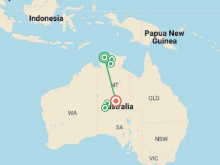 Map of a National parks Tour with 8 destination visits for the trip: Northern Territory Dreaming