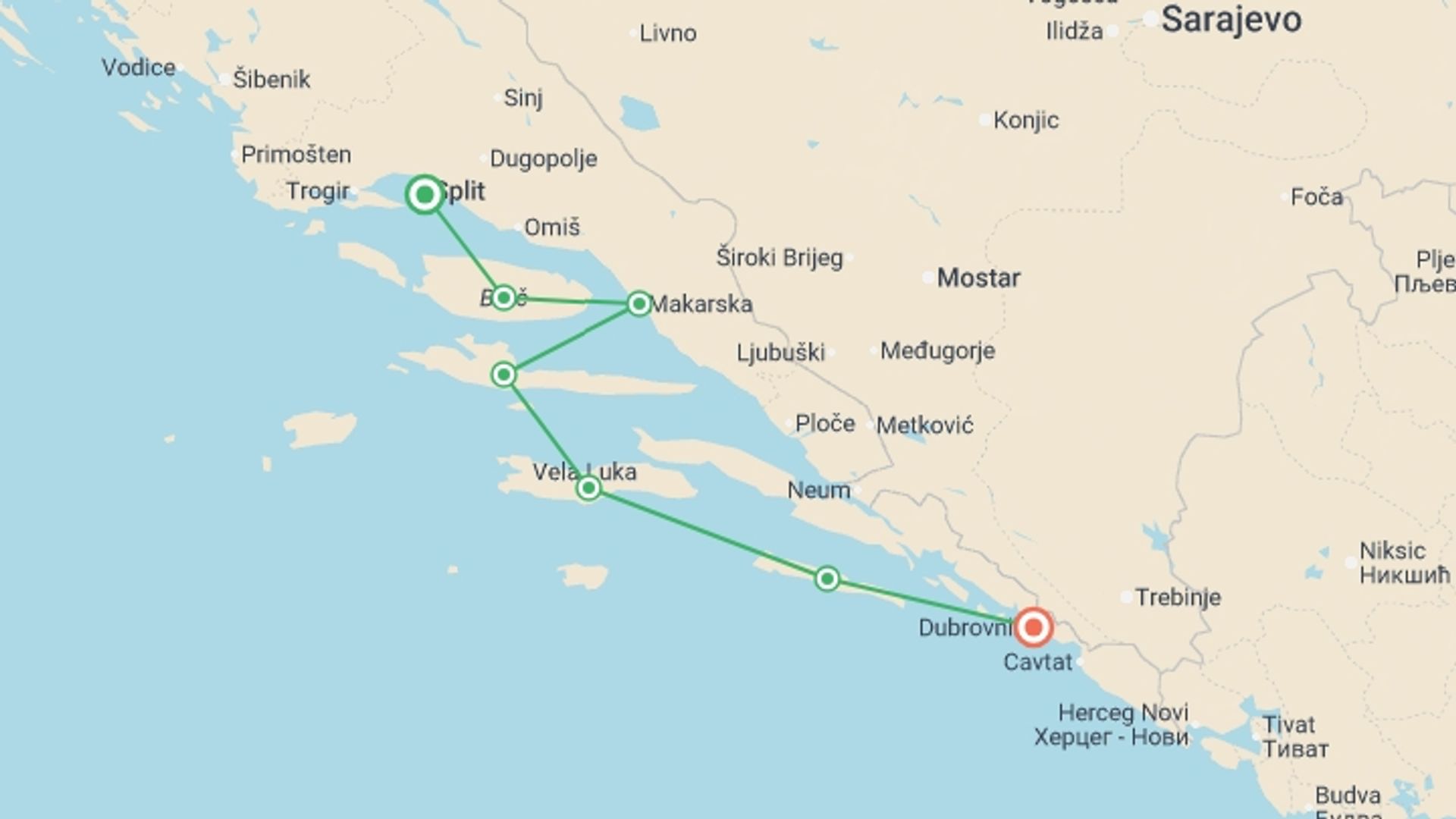 A map showing the tour itinerary for the trip: Sail Split to Dubrovnik / Premier Boat, starting in Split, Croatia and ending in Dubrovnik, Croatia going through 5 other destinations.