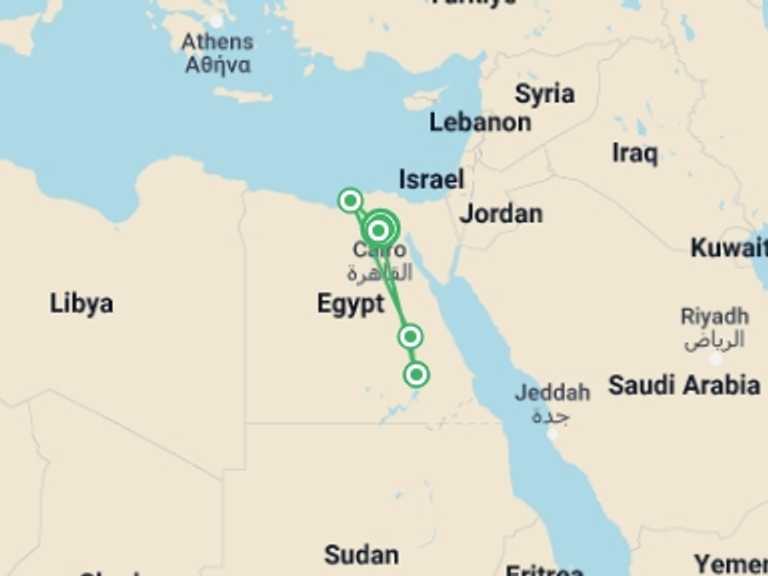 Map of Luxor Tour with 4 destination visits for the trip: Cairo, Alexandria, Luxor & Aswan Tour