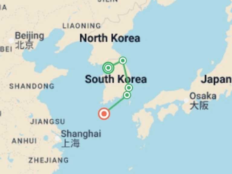 Map itinerary of Asia Tour in May 2026 with 5 destination visits for the trip: Essential South Korea and Jeju - 12 days