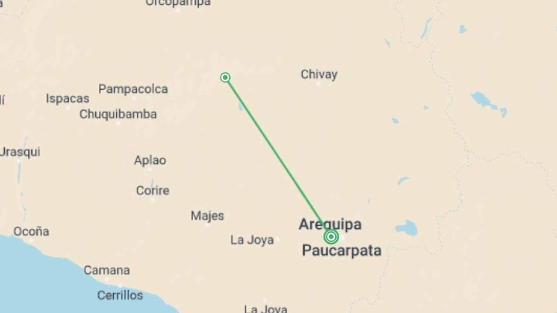 A map showing the tour itinerary for the trip: Arequipa And Colca Canyon, starting in Arequipa, Peru and ending in Arequipa, Peru going through 1 other destinations.