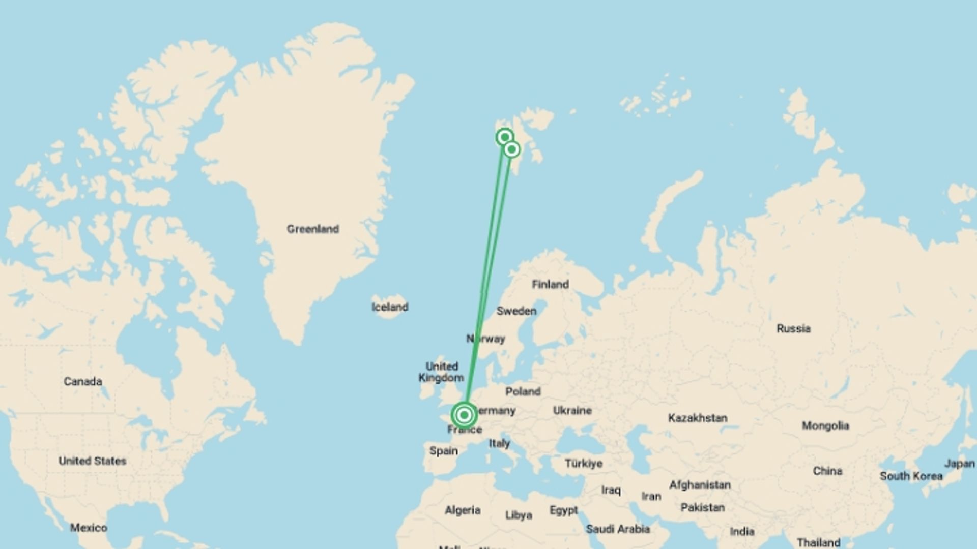 A map showing the tour itinerary for the trip: Journey to the Geographical North Pole - Le Commandant Charcot, starting in Paris, France and ending in Paris, France going through 2 other destinations.
