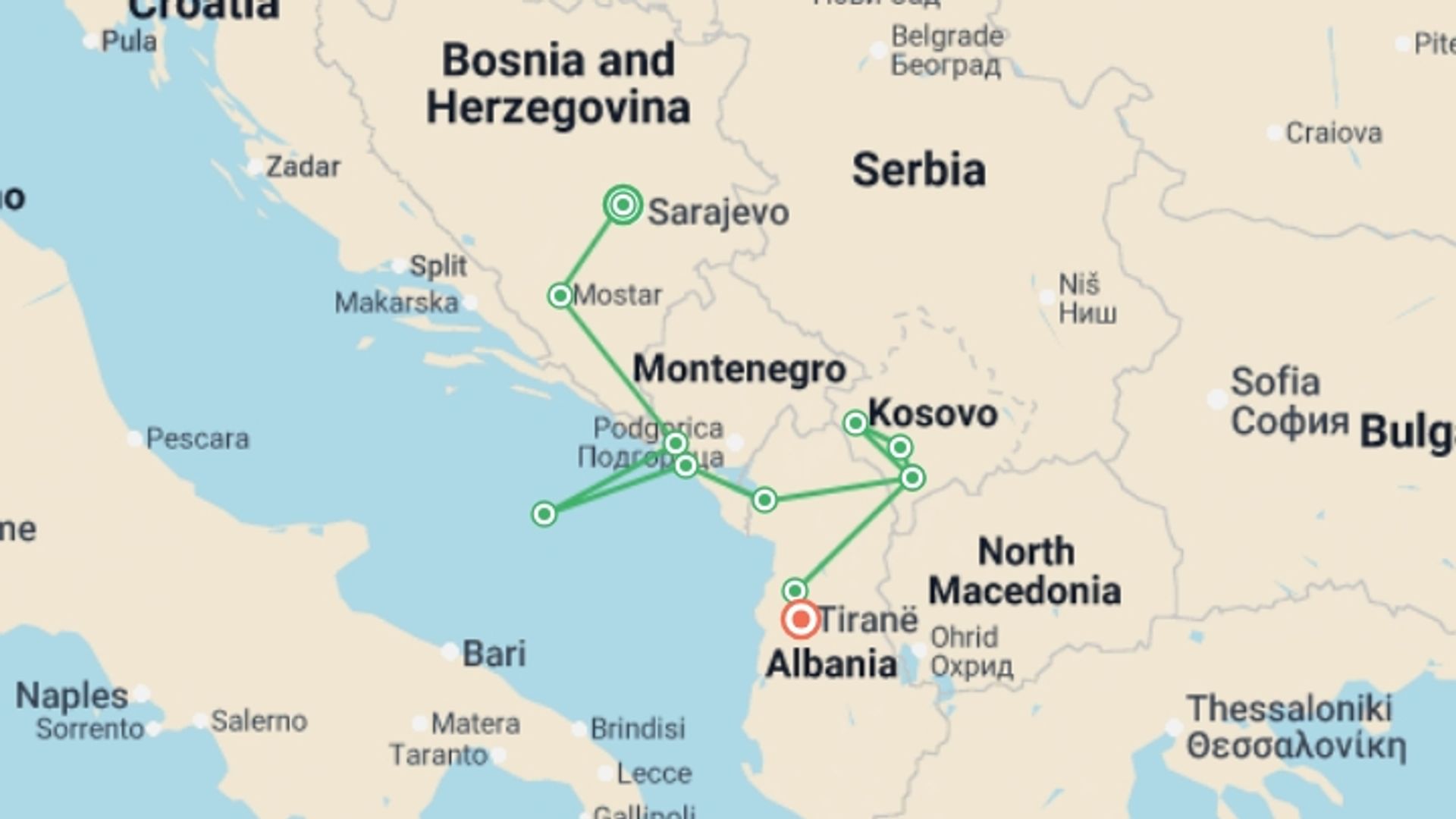 A map showing the tour itinerary for the trip: Bosnia to Montenegro & Albania - 8 days, starting in Sarajevo, Bosnia Herzegovina and ending in Tirana, Albania going through 4 other destinations.