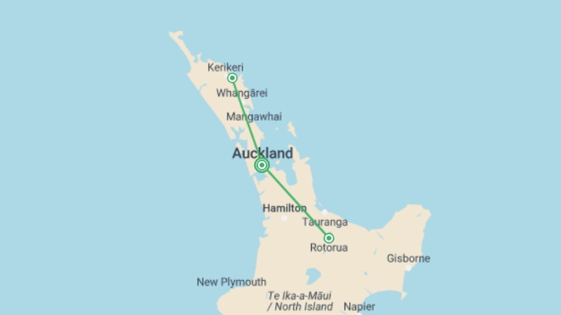 A map showing the tour itinerary for the trip: New Zealand: Sun and Steam, starting in Auckland, New Zealand and ending in Auckland, New Zealand going through 2 other destinations.