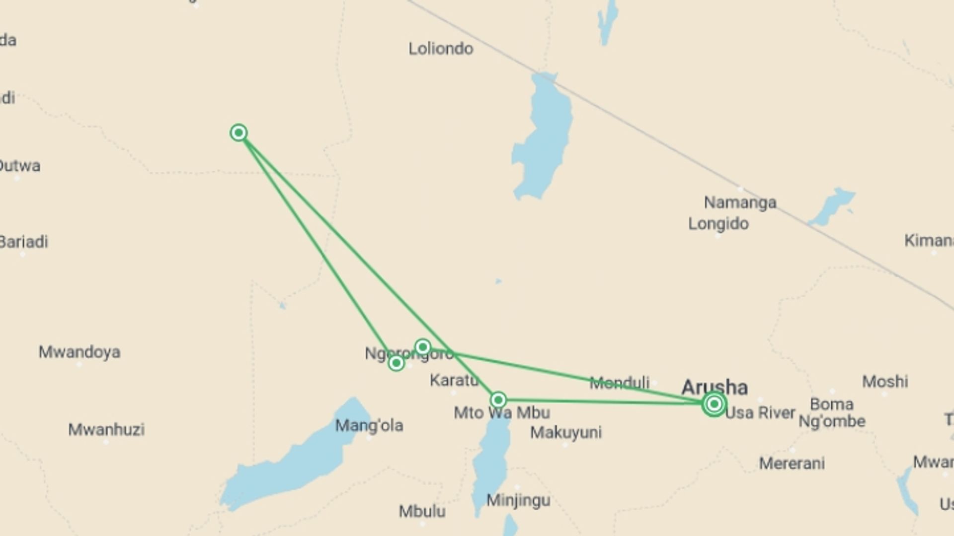 A map showing the tour itinerary for the trip: 6 Days Tanzania Experience in Luxury Tented Camp, starting in Arusha, Tanzania and ending in Arusha, Tanzania going through 6 other destinations.