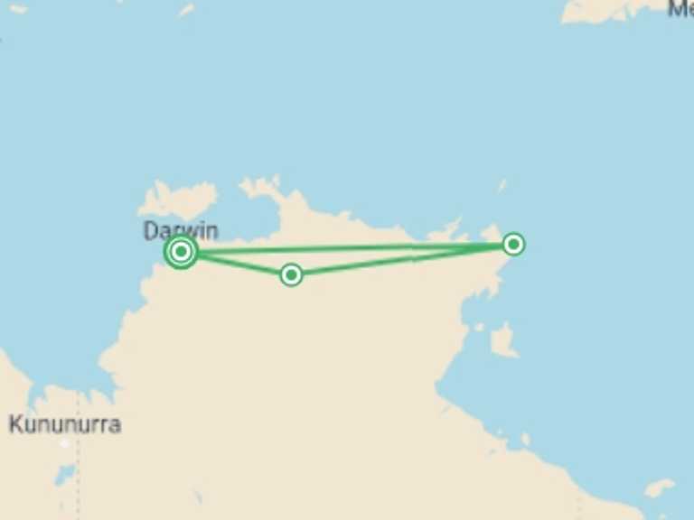 Map of Darwin National parks Tour with 3 destination visits for the trip: Kakadu and Arnhemland